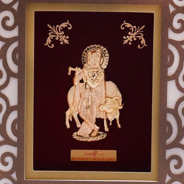 (18.5x21 cm)god krishna with cow divine photo frame 24 k gold